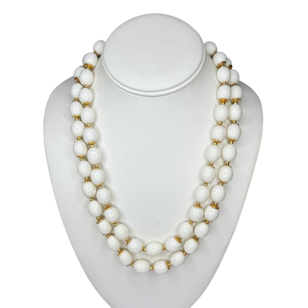 Vintage Hong Kong Necklace Resin 20" White Gold Tone Double Strand Bead Oval
